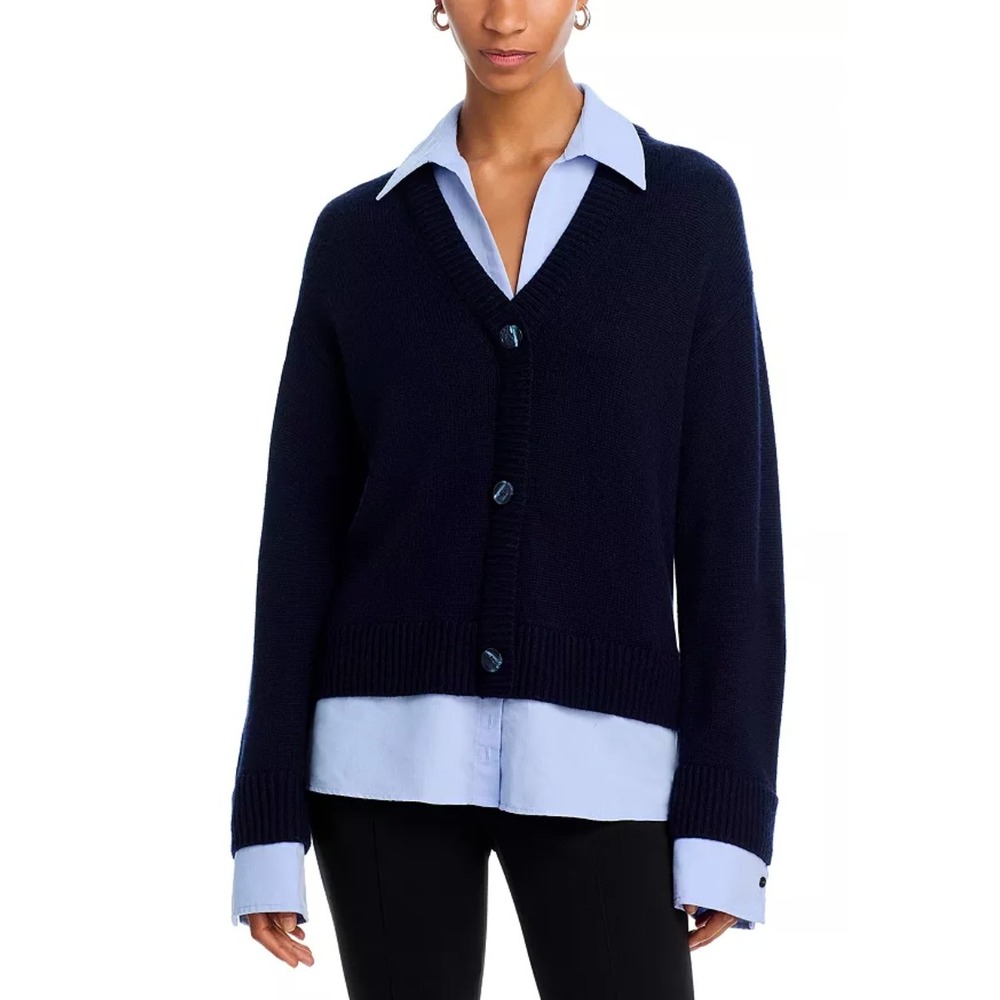 Cinq a Sept Megan Layered Cardigan Navy Blue Mixed Media Sweater Womens Sz XS